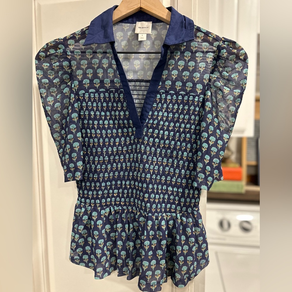 Maeve Short-Sleeve Smocked Polo Top Anthropologie